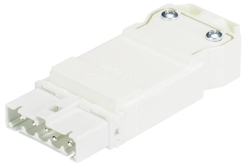 Ein weißer elektrischer Steckeradapter mit zwei Schrauben, der zum sicheren Verbinden von Kabeln oder Komponenten dient.
