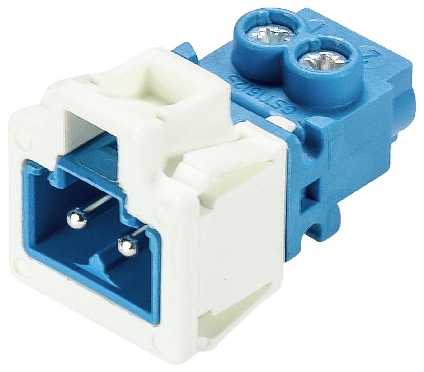 Ein weiß-blauer elektrischer Steckeradapter mit zwei Metallkontakten und zwei Schrauben zur Befestigung.