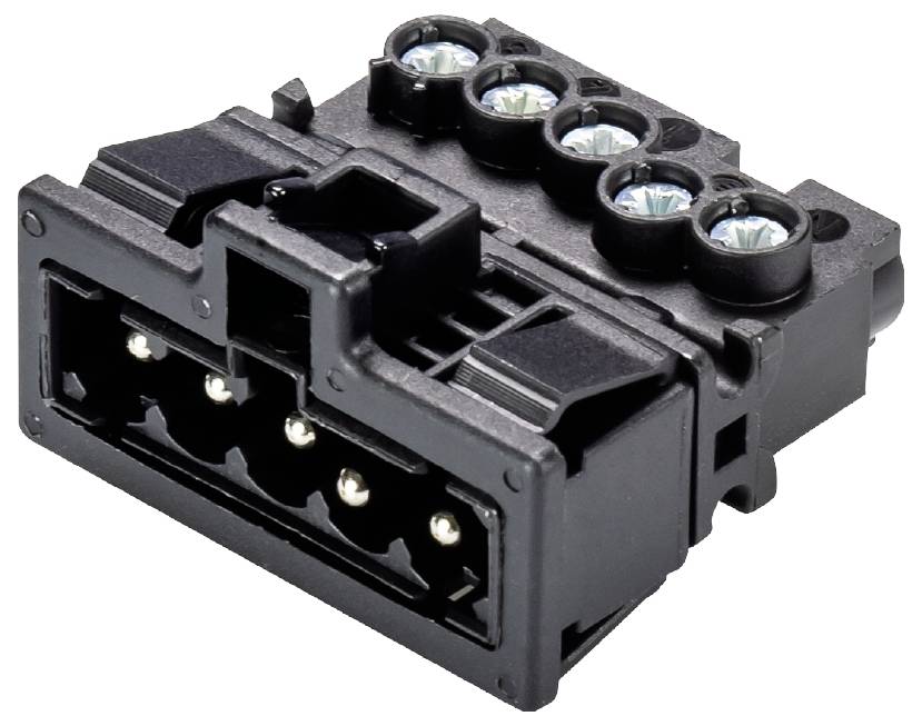Ein schwarzer, rechteckiger elektrischer Stecker mit mehreren Anschlüssen und Schraubklemmen, geeignet für komplexe Verkabelungen.