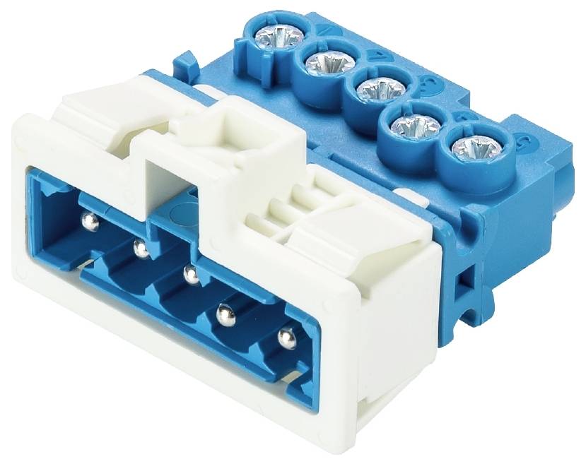 Blauer dreipoliger Industrieklemmblock mit weißen Gehäuseelementen, geeignet für den Einsatz in elektrischen Installationen.