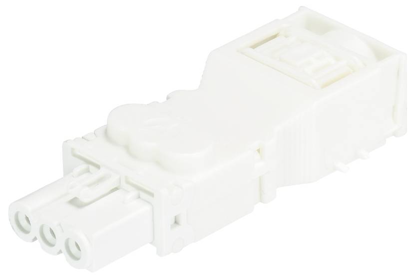 Weiße dreipolige elektrische Steckverbindung, oft in der Elektroinstallation verwendet, mit robuster Bauweise für sicheren Halt.