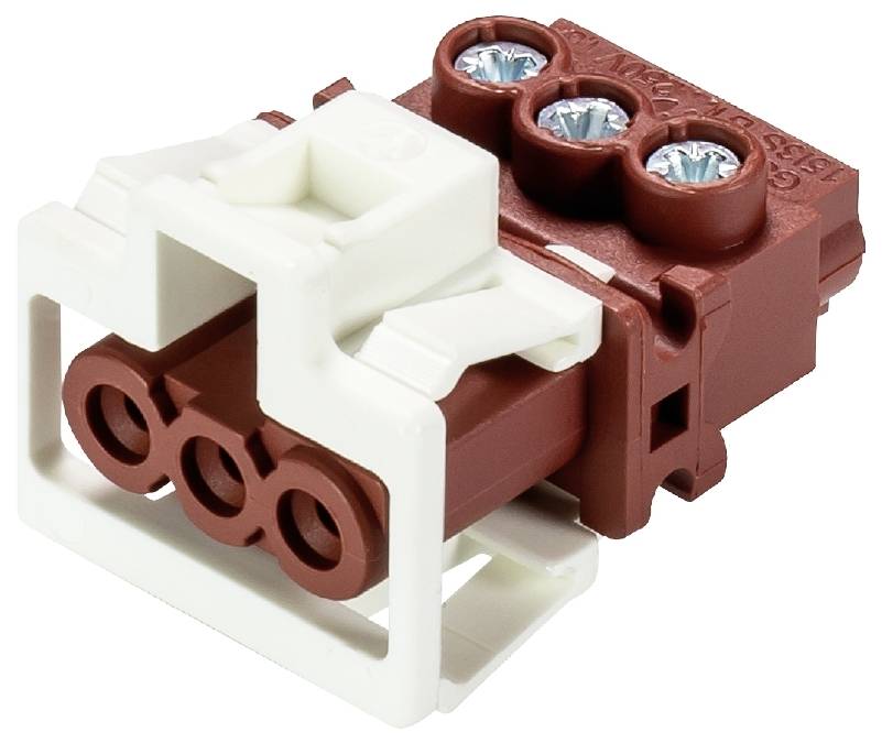 Dreipoliger Steckverbinder mit rotem und weißem Gehäuse, geeignet für elektrische Anwendungen, mit drei Metallschrauben zur Befestigung.