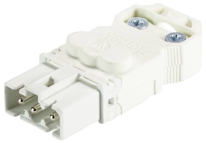 Ein weißer elektrischer Steckverbinder mit dreipoligem Anschluss und zwei sichtbaren Schrauben zur Befestigung.