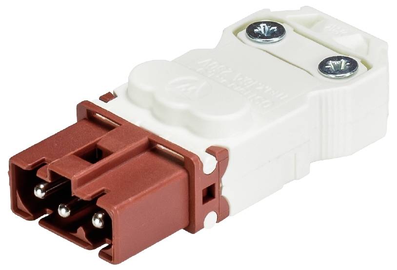 Ein weißer und roter elektrischer Steckverbinder mit drei metallischen Kontakten, zwei sichtbare Schrauben zur Befestigung.