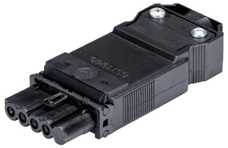 Schwarzer Stecker mit vier Pins, rechteckig, mit zwei silbernen Schrauben zur Befestigung, auf weißem Hintergrund.