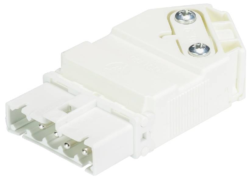 Elektrischer Steckverbinder in weiß mit zwei Schrauben an der Oberseite, geeignet für industrielle Anwendungen und robuste Verbindungen.