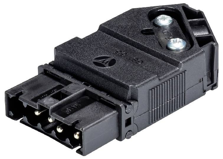 Schwarzer elektrischer Steckverbinder mit zwei Schrauben zur Befestigung, geeignet für industrielle Anwendungen.
