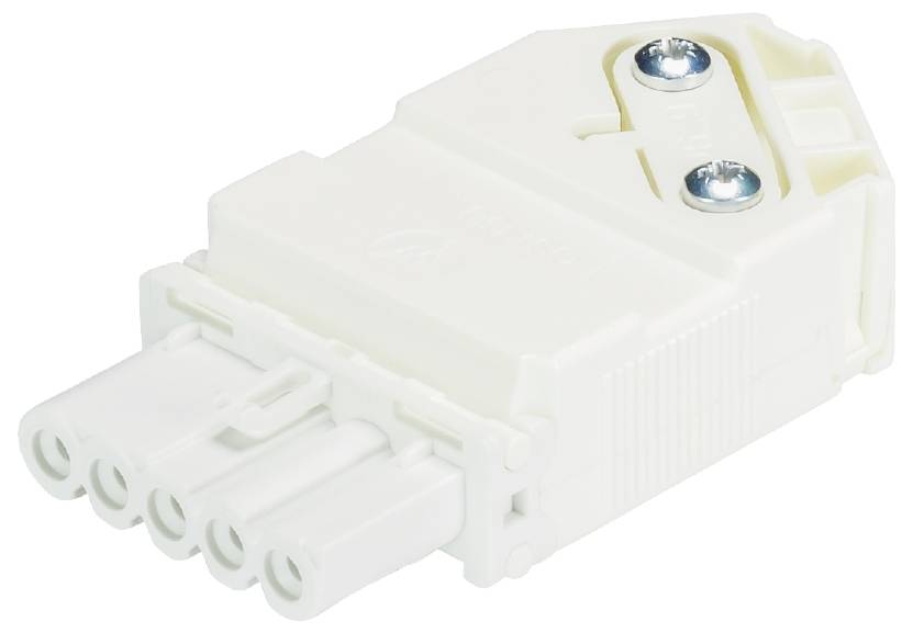 Ein weißer elektrischer Steckeradapter mit fünf Anschlussöffnungen und zwei sichtbaren Schrauben. Geeignet für spezifische Kabelverbindungen.