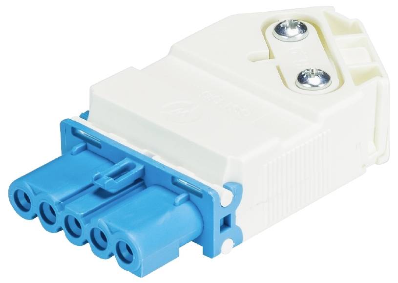 Ein weiß-blauer elektrischer Stecker mit fünf Öffnungen, seitlich liegend. Zwei Schrauben sind auf der Oberseite sichtbar.