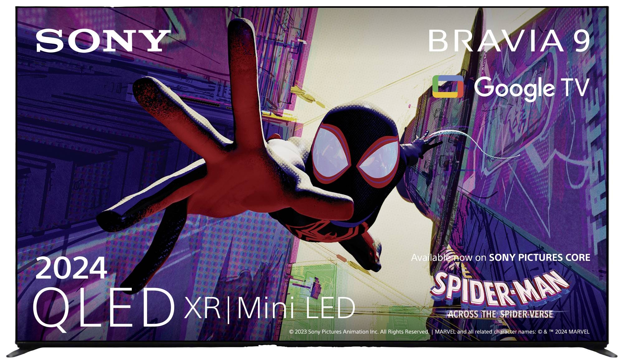 Werbung für Sony BRAVIA 9 Fernseher mit Google TV. Bild zeigt animierten Charakter in Spider-Man Kostüm in dynamischer Pose.