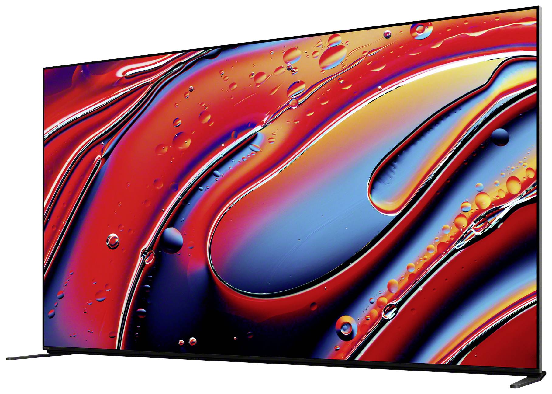 Ein moderner Fernseher mit einem leuchtenden, abstrakten Bild, das flüssige Farben in Rot und Blau zeigt.