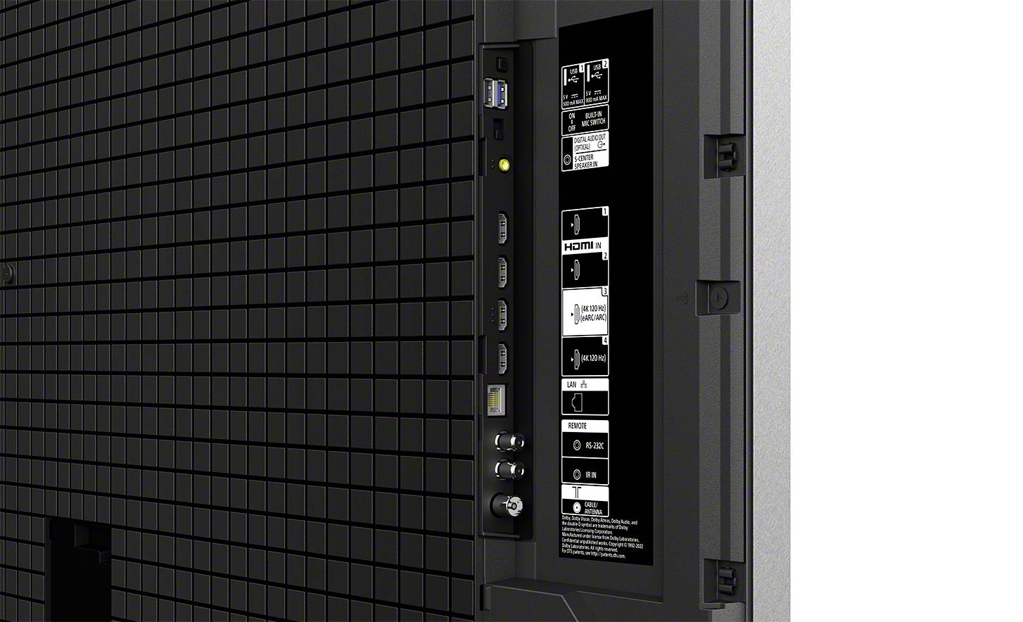 Rückansicht eines Fernsehers mit Anschlüssen. Sichtbare Ports: HDMI, USB und Audio. Etiketten beschreiben die Funktion der Anschlüsse.