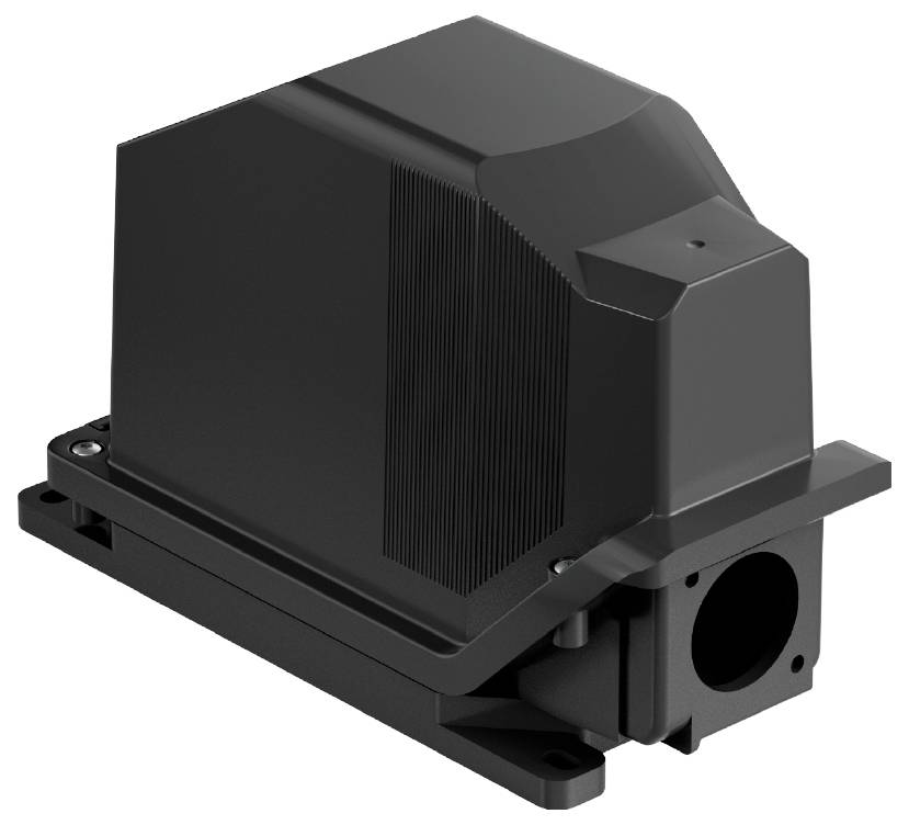 Ein schwarzes, eckiges Gerät mit Lüftungsschlitzen und Befestigungslöchern. Möglicherweise ein elektrischer oder mechanischer Bauteil.