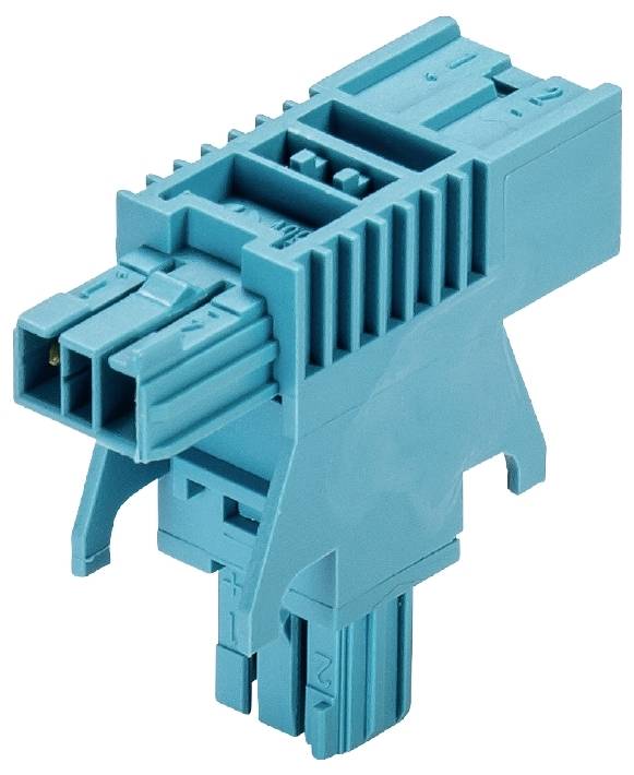 Ein blaues elektrisches Steckverbindermodul mit mehreren Eingängen und Ausgängen für den Einsatz in industriellen Anwendungen.
