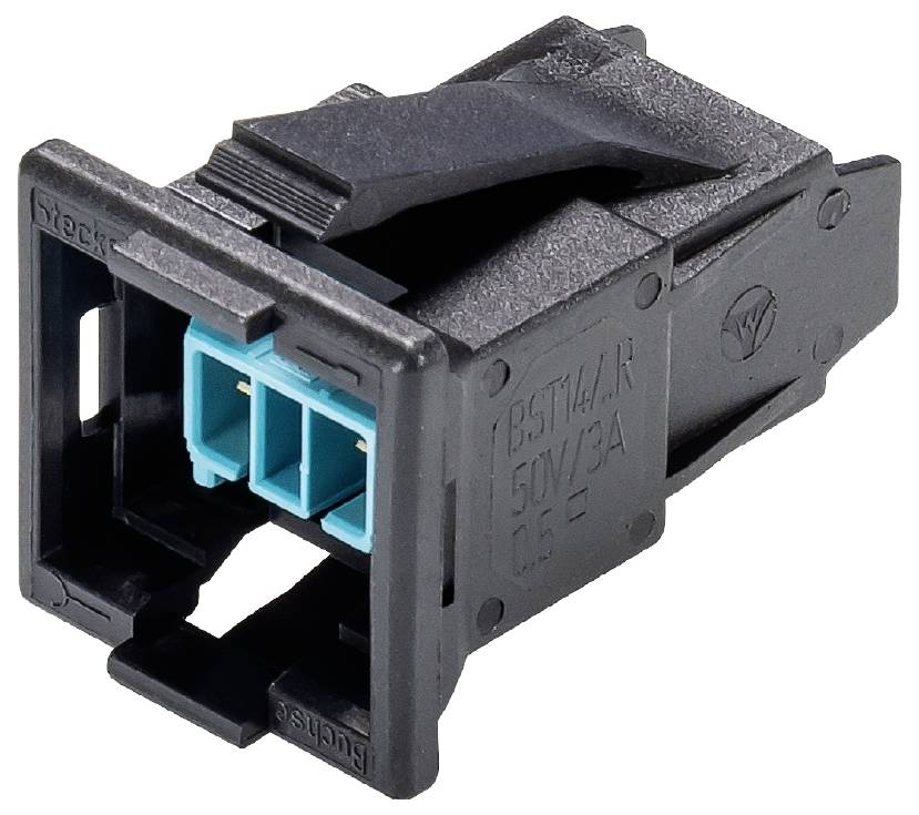 Schwarzer elektrischer Steckverbinder mit zwei blauen Buchsen, geeignet für Anwendungen bis 50V/13A.