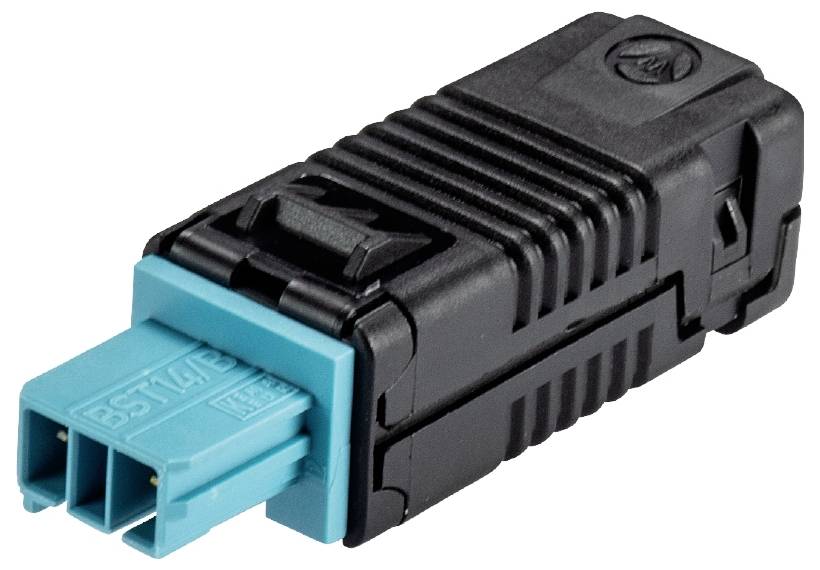 Schwarzer SC-Stecker mit türkisfarbenem Adapter, geeignet für optische Netzwerkverbindungen. Kompakte, robuste Bauweise.