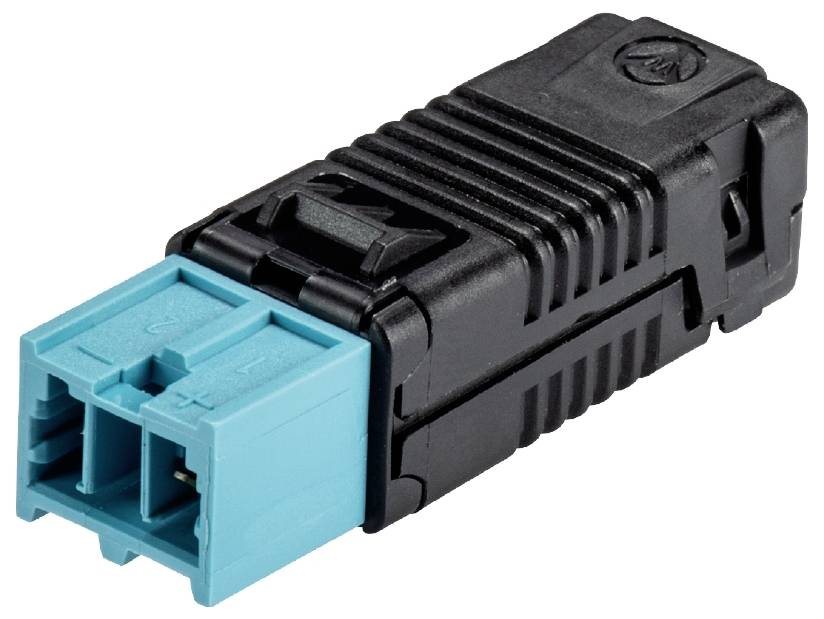 Ein Lichtwellenleiteradapter, schwarz-blau, dient zur Verbindung von Glasfaserkabeln. Enthält eine Steckverbindung und Verriegelungsmechanismen.