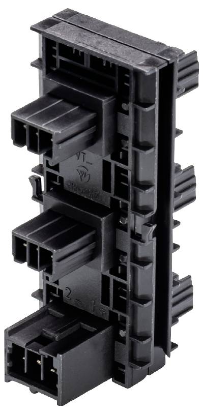 Schwarzer Kunststoffstecker mit mehreren Anschlusspunkten, vertikale Anordnung, geeignet für elektrische Verbindungen in Schalttafeln.