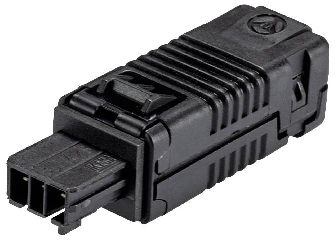 Ein schwarzer Kabelschutz mit geripptem Design und rechteckiger Öffnung, geeignet zur sicheren Abdeckung von Kabelanschlüssen.