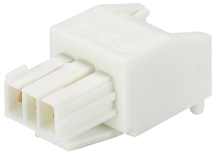 Weißer elektrischer Steckverbinder mit drei Pins, rechteckige Form, aus Kunststoff. Verbindet elektrischen Stromkreislauf.