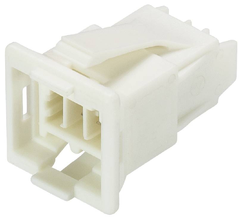 Ein weißer Kunststoffstecker mit mehreren Anschlüssen, seitlich abgebildet. Geeignet für elektrische oder elektronische Verbindungen.