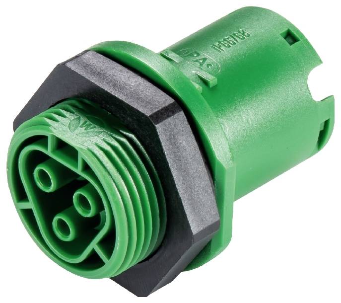 Grüner elektrischer Stecker mit drei Pins und schwarzen Kunststoffring für Verbindungen in elektronischen Geräten und Maschinen.