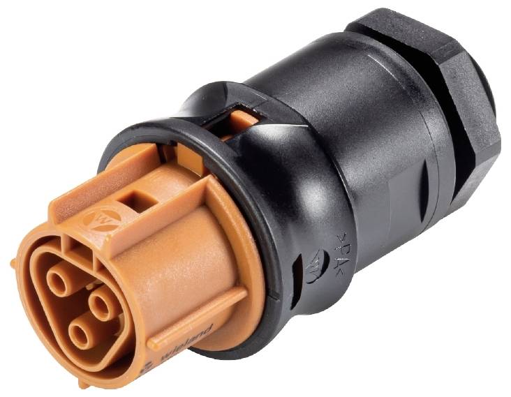 Ein orange-schwarzer elektrischer Stecker mit mehreren Anschlussbuchsen, geeignet für industrielle oder technische Anwendungen.