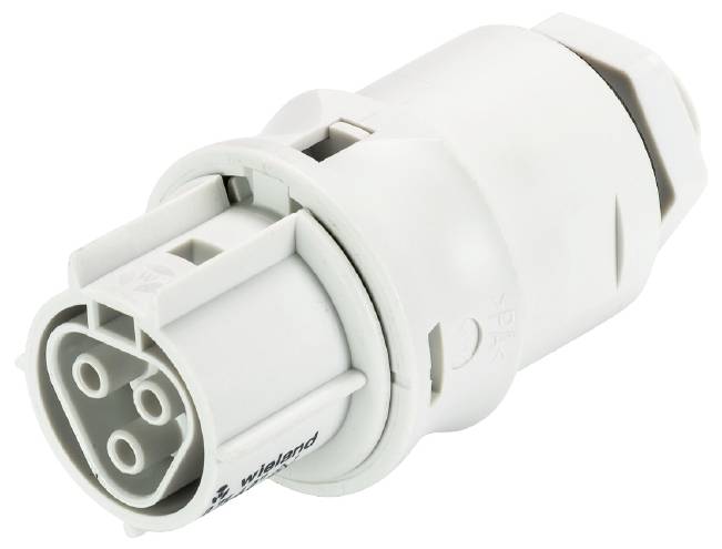Weißer, zylindrischer elektrischer Stecker mit mehreren runden Pins, markiert als 'Wieland', verwendet zur Verbindung von Kabeln.