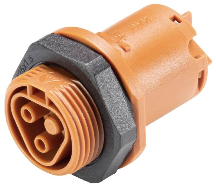 Eine orange Elektrokupplung mit zwei inneren Anschlüssen und einem schwarzen Sechskant-Äußeren, häufig in elektrischen Systemen verwendet.