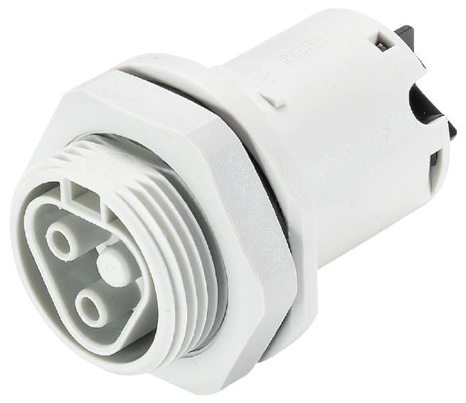 Runder, weißer elektrischer Steckverbinder mit drei Kontakten und Gewinde zur Befestigung in einem Gehäuse.