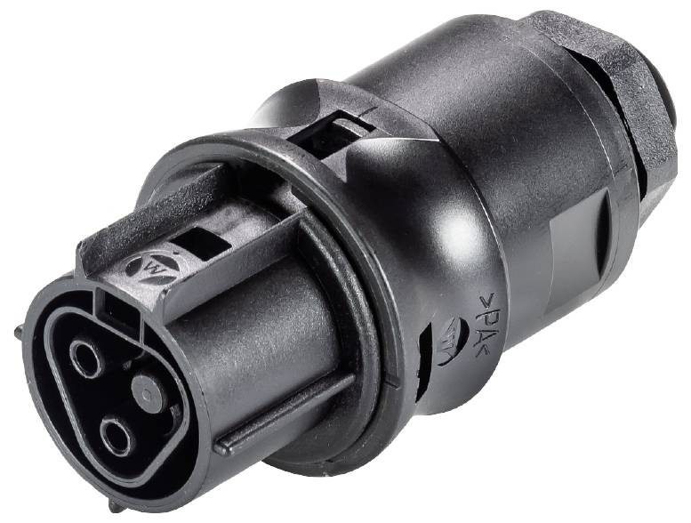 Schwarzer elektrischer Stecker mit rundem Gehäuse und mehreren Kontaktstiften, geeignet für industrielle Anwendungen.
