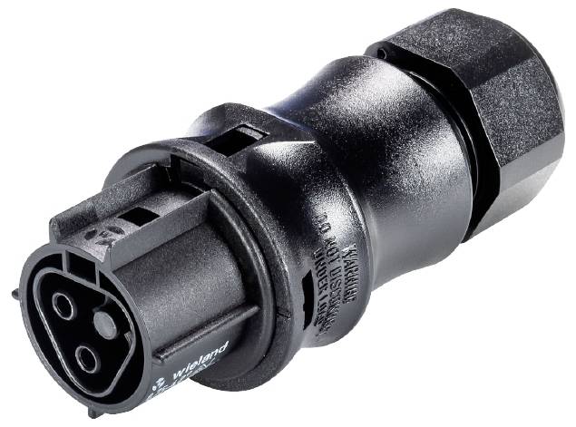 Schwarzer elektrischer Steckverbinder mit rundem Gehäuse und drei Metallstiften, verwendet zur sicheren elektrischen Verbindung.