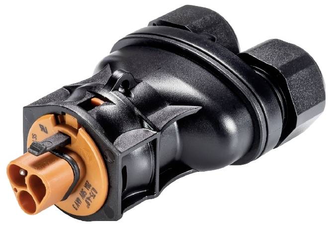 Steckverbinder mit zwei schwarzen und einer orangefarbenen Anschlussstelle, mechanisch gesichert, für elektrische Verbindungen.