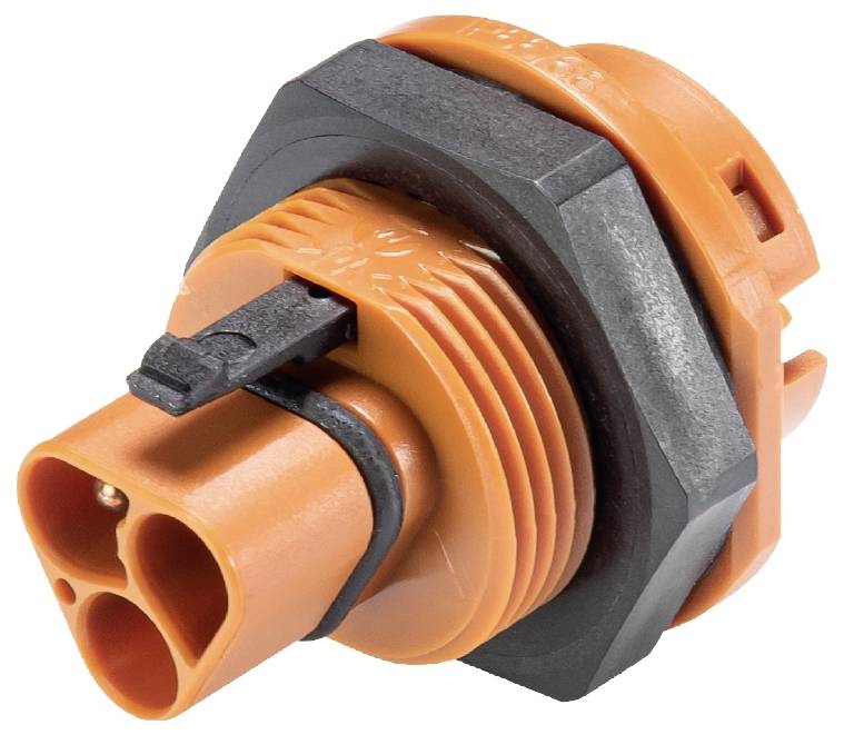 Ein orangefarbener Kunststoffstecker mit zwei Öffnungen und einem schwarzen Gewinde, geeignet für industrielle oder elektrische Anwendungen.