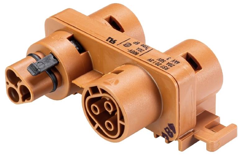 Ein orangefarbener elektrischer Steckverbinder mit mehreren Buchsen und einem Verriegelungsmechanismus, der für Hochspannungsanwendungen geeignet ist.