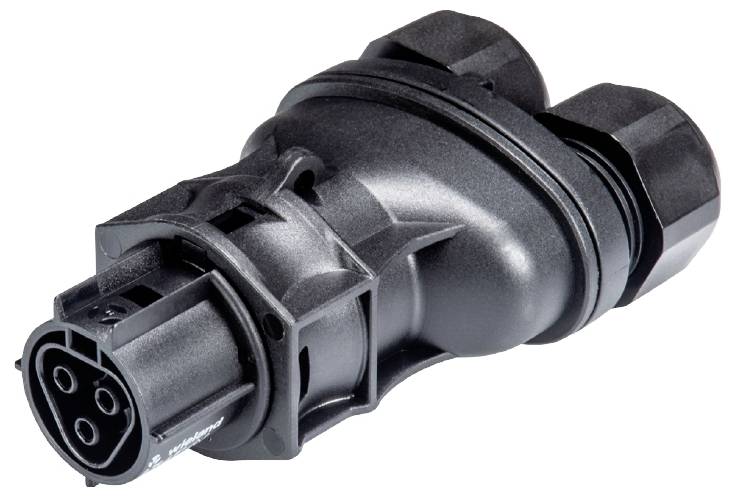 Ein schwarzer Adapterstecker mit drei runden Kontakten, typisch für elektrische Verbindungen und Ladegeräte.