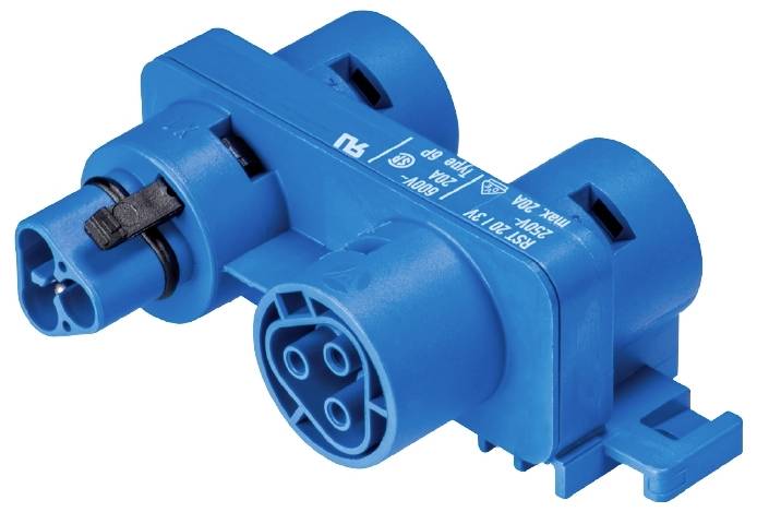 Blauer Elektrostecker mit mehreren Anschlüssen und schwarzem Hebel, geeignet für industrielle Anwendungen oder Elektrofahrzeuge.