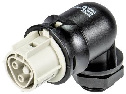 Kunststoff-Stecker mit mehreren Pins und schwarzem Gehäuse, seitliche Ansicht. Geeignet für elektronische Verbindungen.