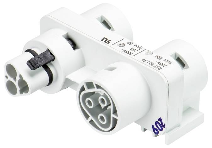 Weiße elektrische Lampenfassung mit zwei Steckverbindungen, gekennzeichnet mit technischen Spezifikationen wie Volt- und Ampere-Werte.