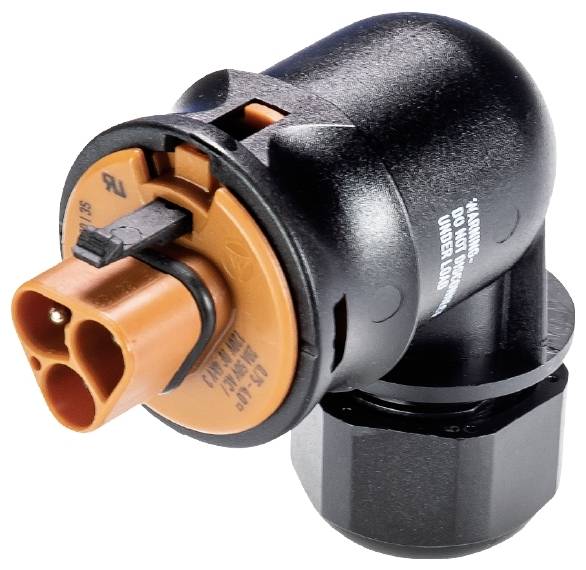 Schwarz-oranger Kunststoffstecker mit zwei Anschlüssen und Befestigungsschelle, häufig in elektrischen Verbindungen verwendet.
