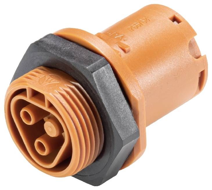 Industrie-Steckverbinder in Orange und Schwarz. Zylindrische Form mit mehreren Anschlussstellen für elektrische Verbindungen.