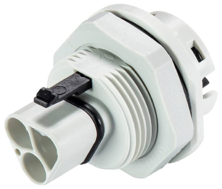 Ein grauer elektrischer Steckverbinder mit schwarzem Clip, zylindrisch und robust, für industrielle oder elektrotechnische Anwendungen.