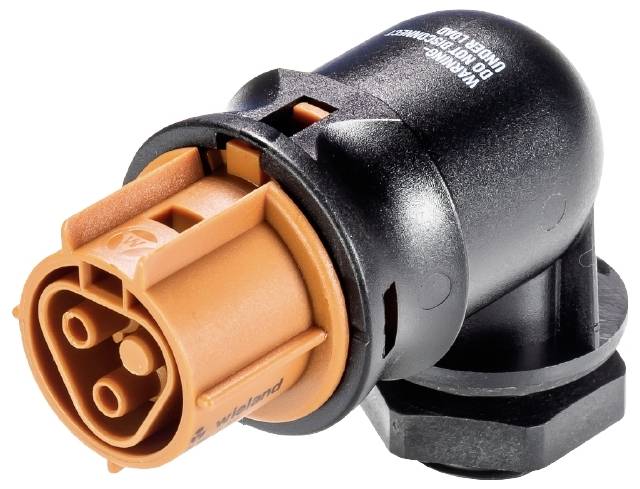 Schwarzer und orangefarbener elektrischer Stecker mit mehreren Anschlüssen, vermutlich für industrielle Anwendungen.