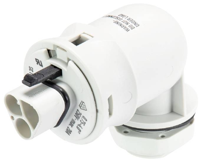 Ein weißes elektrisches Bauteil mit Stecker und Verriegelungsmechanismus, vermutlich ein Sensor, auf einem weißen Hintergrund.