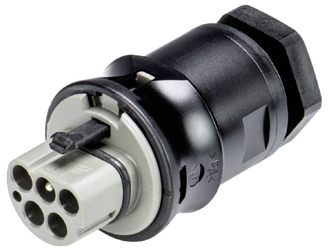 Ein schwarzer und grauer Stecker mit mehreren runden Pins. Verwendet für elektrische Verbindungen in technischen Systemen.