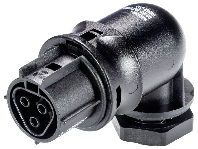 Ein schwarzer elektrischer Stecker mit drei runden, versenkten Kontakten. Er ist zur Verbindung von Geräten für die Stromübertragung vorgesehen.
