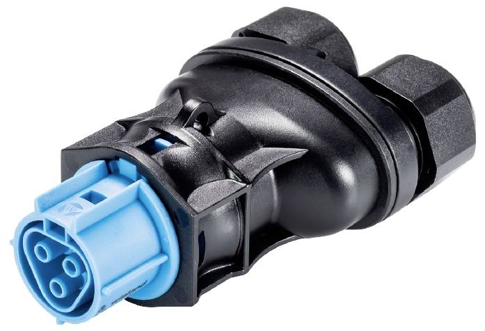 Steckverbinder mit blauem und schwarzem Gehäuse, drei-polig, zur elektrischen Verbindung in Fahrzeugen oder Geräten.