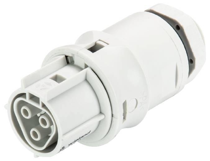 Weißer elektrischer Stecker mit drei runden Kontakten, geeignet für industrielle Anwendungen.