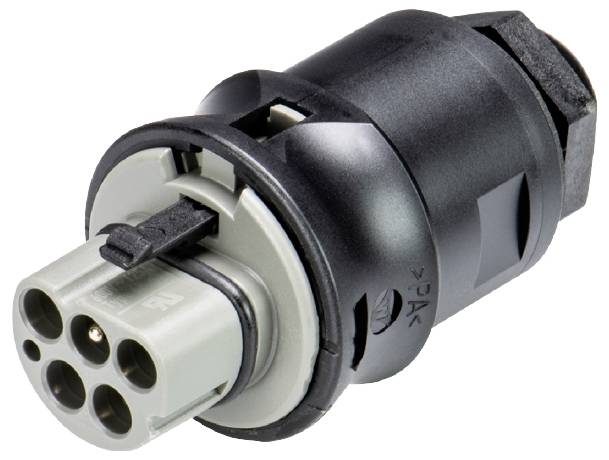 Ladebuchse für ein Elektrofahrzeug mit mehreren kreisförmigen Anschlüssen erkennbar.