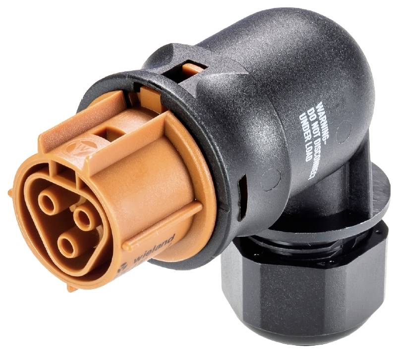 Schwarzer und orangefarbener elektrischer Stecker mit drei runden Kontakten, seitliche Ansicht, zeigt technische Details und Warnhinweise.